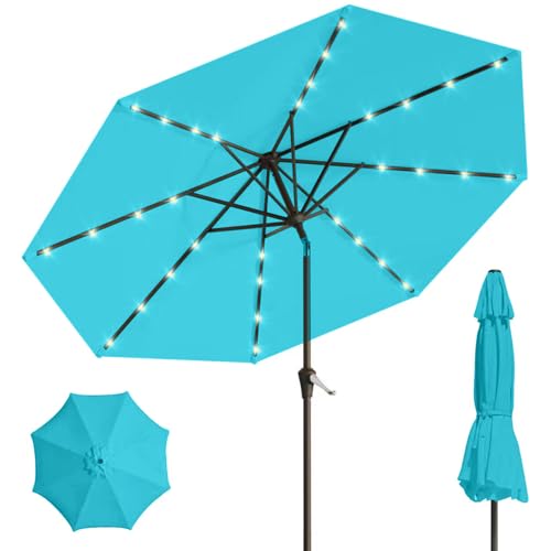 Image of 9' Solar LED Patio Umbrella with Tilt & Crank|8 Sturdy Ribs,UV Protection,Outdoor Market Table Umbrella for Deck,Lawn,Pool,Backyard(Light Blue)