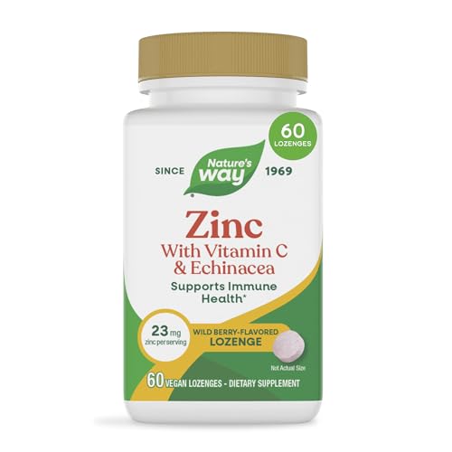 Natures Way Zinc Lozenges with Vitamin C & Echinacea Zinc Supplements for Men and Women Convenient Lozenge Supports Immune Health and Function* Vegan Wild Berry Flavored 60 Count