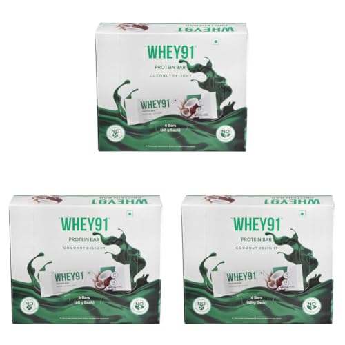 Image of Whey91 Coconut Delight Protein Bar, 20g Protein & 5.8g Fiber in each, No Added Preservatives, No Artificial Flavours, 390g- (Pack of 18)