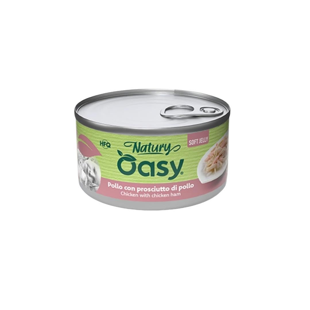 Oasy - Comida húmeda para gatos naturales con sabor a pollo con jamón de pollo, suaves filos naturales de Soft Jelly para gatos adultos de todas las tallas y razas | 24 latas de 85 gramos cada una.