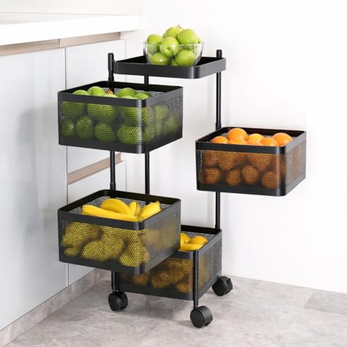 Image of RADIANT 4 Layer Multipurpose Plastic Trolley with Dish Rack for Kitchen Fruit Vegetable Storage Basket Kitchenware Food, Snacks, Toys, Tiered Shelf (Black) (Square Trolley - 4 Layer)