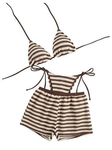 Image of RoseSeek Women's 3 Piece Striped Bikini Shorts Sets Knit Boyshort Swimsuit