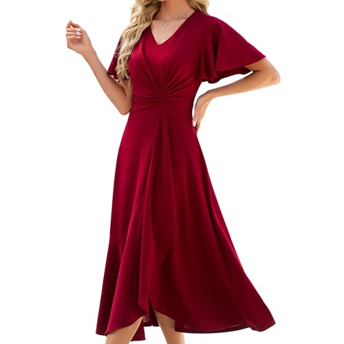 Image of QMZ Wedding Guest Dresses for Women V Neck Cocktail Dress Ruffle Sleeve A Line Evening Party Formal Dresses for Women