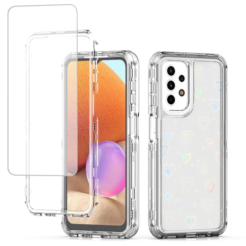 Tothedu for Galaxy A13 4G/5G/Galaxy A32 5G/GalaxyA04S/A04 SM-A135U Case with Tempered Glass Screen Protector, Holographic Pattern Clear Full Body Protective Phone Cover for Samsung Galaxy A13 Heart