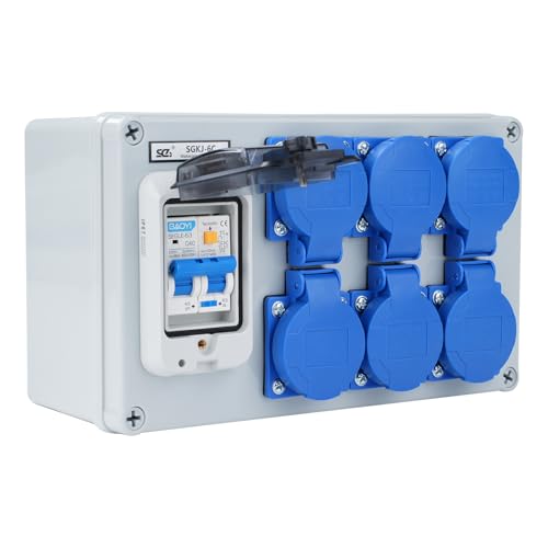 Caja de distribución de enchufes Schuko de 1P + N, 2/3/4/6 pines, 250 V, 16 A, IP54, divisor de potencia integrado impermeable, con interruptor de salida (63 A, 6 enchufes)