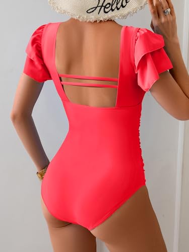 Image of Eomenie Women's Tummy Control One Piece Swimsuit Ruffle Square Neck Bathing Suit Ruched Cutout Back Slimming Swimwear