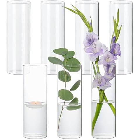 SUPMIND 7Pcs Glass Cylinder Vase for Centerpieces 10 Inch Tall Clear Glass Flower Vase Bulk, Glass Hurricane Candle Holder Floral Vases for Table, Floating Candle Vases for Wedding Home Décor Cover