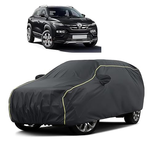 Image of Sulfar 100% Water Resistant Car Body Cover Compatible with Mirror for Renault Kiger (Triple Stitched, Full Bottom Elastic, Dark Grey Taffeta with Yellow Piping)