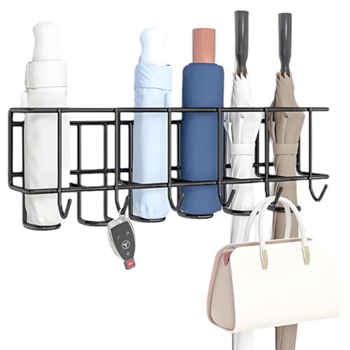 Image of HASTHIP Wall Umbrella Holder Storage Organizer Rack with Hooks, No Drill Wall Mounted Multi Hook Rack Umbrella Organizer Rack for Folding Umbrella, Golf Umbrella