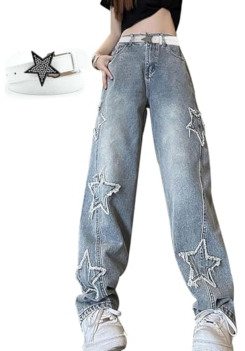 Womens Star Jeans Baggy Cargo Jeans Vintage Casual Y2K Outfits Straight Leg Denim with Pocket
