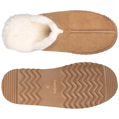 Parfeying Men's Sheepskin Shearling Slippers, Anti-slip Rubber Sole Indoor Outdoor Cow Suede Leather Slip on Slippers for Men - Image 5