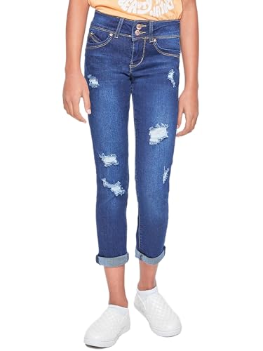 YMI Jeans Girls Sustainable WannaBettaFit 2-Button Double Cuffed Skinny Jeans, Midnight Sky Blue Rips, 12