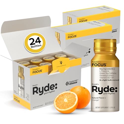 Image of Ryde: Focus + Energy Shot, 0 Calories, 0 Sugar, L-Theanine & Ginseng, Green Tea Caffeine, Vitamins B2& B7, 2 FL OZ Shots, Orange Flavor, Supports Focus (24 Pack)