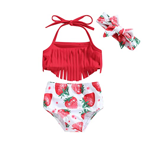 BULINGNA Toddler Infant Baby Girl Swimsuit Tassels Bikini + Strawberry/Floral Print Shorts + Bow Headband Summer Beach Outfit (Red Strawberry, 6-12 Months)