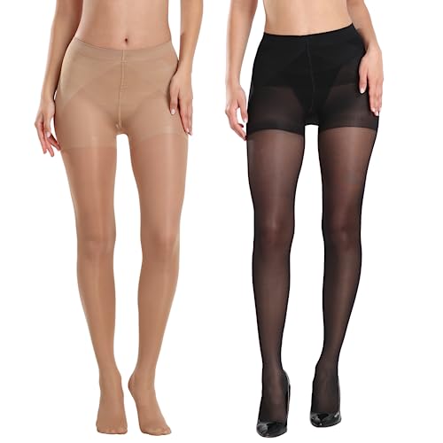 Image of MANZI 2 Pairs Women's Sheer Tights 40D High Waist Control Top Pantyhose Thigh High Stockings with Reinforced Toes
