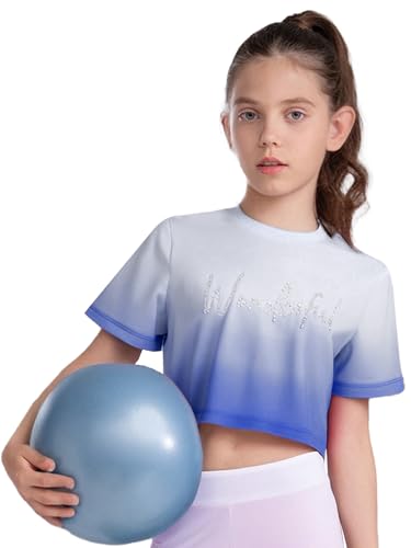 YiZYiF Kids Girls Short Sleeve Crop Dance Top Shiny Gradient Color Summer Workout T-Shirt Tees