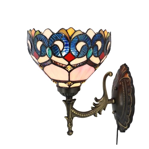 Image of Stained Glass Wall Sconce Plug in Wall Bedside Light Stained Glass Wall Lamp 8X10.5X11 Inch for Hallway Stairway Bedroom (Pink Baroque Style)