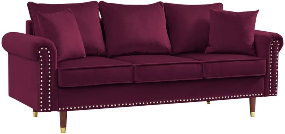Velvet Sofa Couch with 2 Pillows, 3 Seater with Wood Legs for Living Room and Bedroom