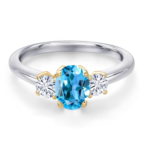 Gem Stone King 925 Silver and 10K Yellow Gold Swiss Blue Topaz and White Moissanite 3-Stone Engagement Ring For Women | 1.32 Cttw | Oval 7X5MM and Round 3.5MM | Available in Size 5,6,7,8,93
