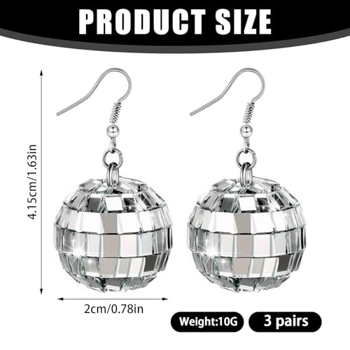 3 Paar Discokugel Ohrringe Mirror Ball 70s Mirrorball Für Damen Und Mädchen Retro Disco Motto Party Kostüm Zubehör