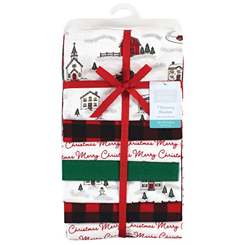 Image of Little Treasure Hudson Baby Cotton Poly Flannel Receiving Blankets Multipack, Red Christmas Scene, 30x30 inches