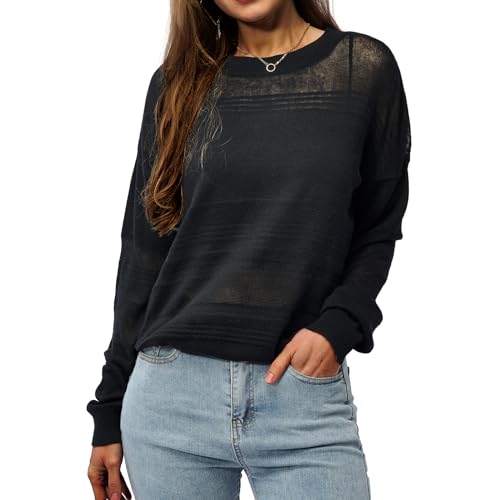 Sanifer Womens Long Sleeve Tops Casual Shirts Lightweight Thin Sweaters Knit Loose Fit Trendy Black Shirts Oversized Slouchy Soft Pullover Sweater Spring L thumb #4