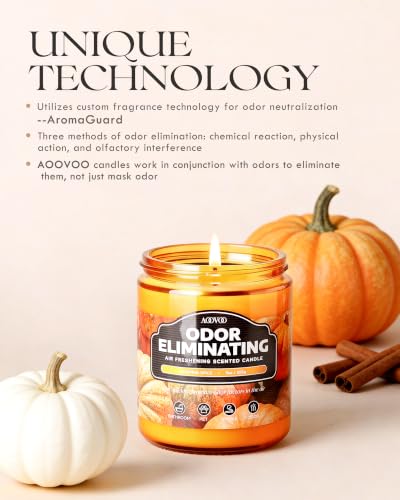 Image of AOOVOO Pumpkin Spice Odor Eliminating Highly Fragranced Candle - Eliminates 95% of Pet, Smoke, Food, and Other Smells Quickly, Non Toxic Air Freshing Soy Candle, 9 oz Up to 50 Hours Burn time