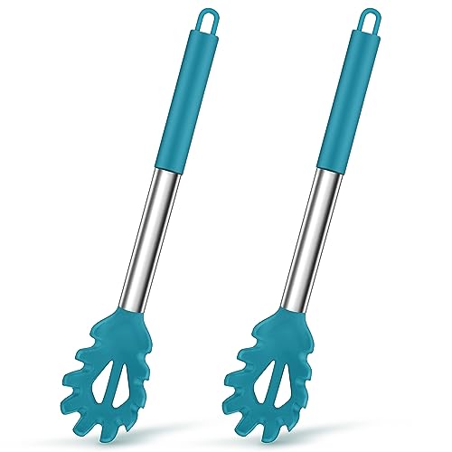 Spaghettilöffel, Joyfair 2 Stück Silikon Nudellöffel Set, Hitzebeständig 33 cm Nudelkelle mit Griff aus Edelstahl, Nudelzange für Nudeln/Spaghetti/Kochen/Backen, Spülmaschinenfest - Blau