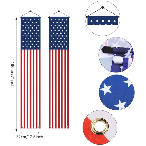 Image of 4th of July Decorations - Hanging American Flag Banners Patriotic Porch Sign for Memorial Day, Independence Day Party Supplies - Weatherproof Stars and Stripes Red White Blue (2 Pcs)