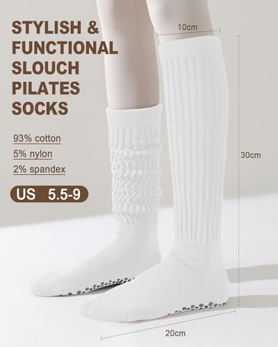 Image of Aoliks Pilates Grip Socks for Women, Slouch Non Slip White Yoga Socks for Barre Reformer Class, Scrunch Grippy Socks for Indoor Home Exercise