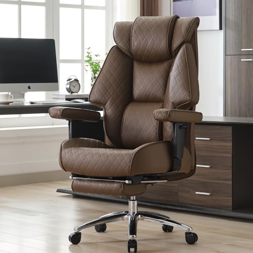 Big and Tall Office Chair with Footrest, PU Leather High Back Executive Office Chair 400lbs, Ergonomic Computer Chairs Lumbar Support for Heavy People (Brown)