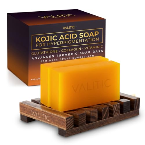 VALITIC Kojic Acid Soap for Hyperpigmentation - with Glutathione, Collagen & Vitamin C - Natural Soap Bars with Turmeric - Original Japanese Complex for Dark Spot Correction - 2 Pack + Holder