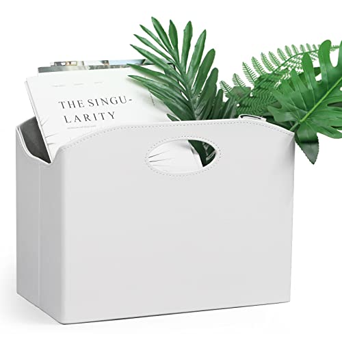 EZDeco Magazine Holder Foldable Magazine Rack Floor PU Leather File Holder Newspaper Book Storage Basket Document File Folder Organizer for Office Home (White-1) - Image 5