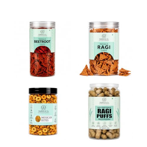 Image of WellNuts & Co. Healthy Snack Combo Pack of 4 |Masala Beetroot Chips - 150g, Masala Ragi Chips - 150g, Mexican Bites - 200g, Ragi Puffs Mild Pudina - 200g| Roasted & Ready to Eat Snacks | High Protein & High Fiber Combo | Snacks for Healthy Everyday