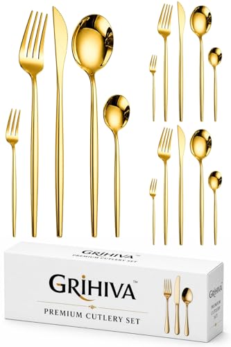 Image of 15 Pcs Gold Cutlery Set for Dining Table the Perfect Lightweight Silim Handle Tableware Including Dinner Spoon, Dinner Fork, Dinner Knife, Dessert Spoon & Dessert Fork