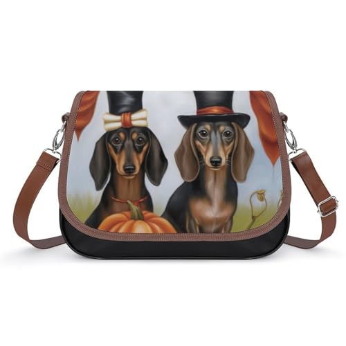 Dachshund Thanksgiving Pilgrims Crossbody Shoulder Messenger Women Bag Pu Leather Office Work Business for Handbag Crossbody Bag
