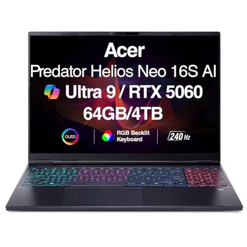 Image of Acer Predator Helios Neo 16S AI Gaming Laptop 16.0 inch 240Hz OLED WQXGA (Intel Ultra 9 275HX, GeForce RTX 5060 8GB, 64GB DDR5, 4TB SSD, AI Copilot, Thunderbolt 4, RGB KB, Wi-Fi 6E, Win 11 Pro)
