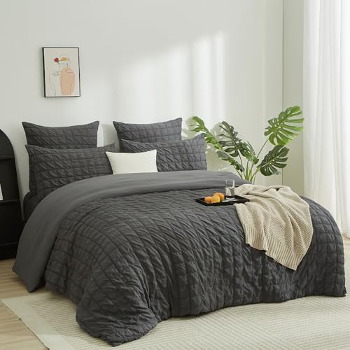 Boqingzhu Seersucker Bettwäsche Set Grau Anthrazit 135x200cm Atmungsaktiv Kühlend für Sommer Bettbezug & Kissenbezug mit Reißverschluss