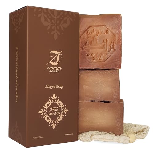 Zaman Sense Jabón de Alepo Pack de 3 – 25% Aceite de Laurel (a base de aceite de oliva) – Limpieza profunda y efecto clarificante – para piel impura y exigente – 200 g cada uno incl. bolsa de sisal
