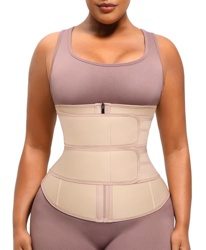Image of FeelinGirl Waist Trainer for Women Belly Fat Long Torso Sauna Workout 2 Belt With Zipper 7 Steel Bones Corset