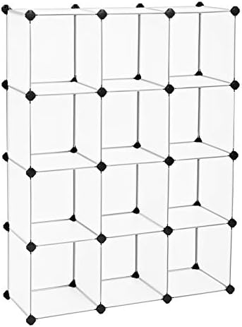 SONGMICS Closet Cabinet, Bookcase, Storage Unit, Interlocking Plastic Cubes, Easy to Assemble, for Living Room, Closet, Bedroom, Office, Includes Rubber Mallet, White LPC34L
