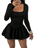 Famnbro Womens Bubble Mini Dress Sexy y2k Corset Square Neck Long Sleeve Cute Puffy Short Party Dresses Black