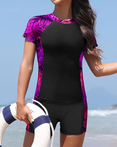 Image of Daci Short Sleeve Rash Guard 2 Piece Swimsuits with Bord Shorts | Sun Protection,Two Pockets,Clolor Block,High Waisted Short,High Neck,Quick Dry