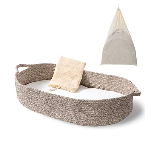 Baby Changing Basket - Moses Basket Changing Table Topper and Thick Foam Pad with Removable Cotton Mattress Cover, 100% Cotton Boho Nursery Decor in Coffee Color with Storage Bag
