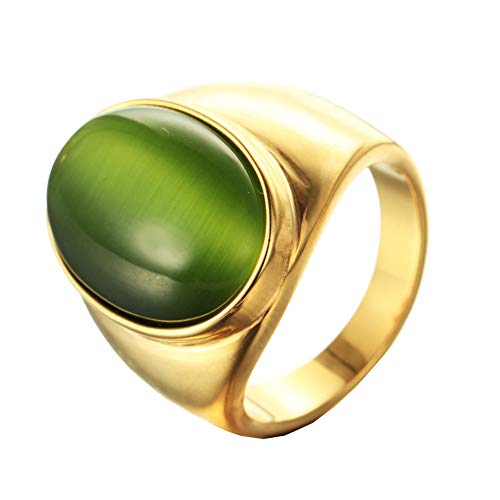 OAKKY Men's Stainless Steel Oval Gemstone Ring Gold Light Green Size 9