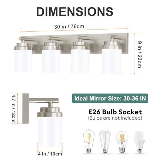 Image of IZORRO Bathroom Vanity Light Fixture, 4-Light 30 Inch Brushed Nickel Bathroom Light Fixtures Over Mirror, with White Glass Shade, Modern Farmhouse Vanity Lights, Rustic Restroom Lighting Fixtures