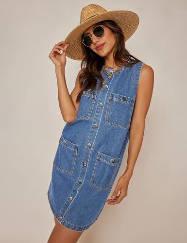 Denim Dress for Women, Sleeveless Jean Dress Button Down Dresses Casual Summer Denim Mini Dresses with Pockets4