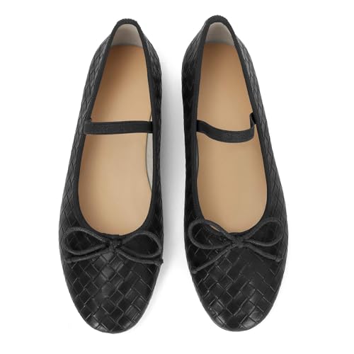 MICIFA Woven Ballet Flats for Women Cute Bow Almond Toe Mary Jane Ballet Flats Elastic Strap Casual Dressy Ballerina Flat Shoes4