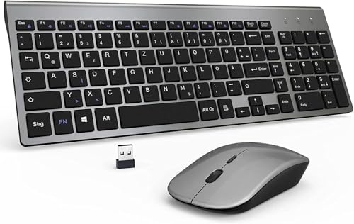 Tastatur Maus Set Kabellos - USB QWERTZ Funk Tastatur Klein Maus Ultradünne Leise Ergonomisch Tastatur für Computer/PC/Laptop/Smart TV/Windows (Schwarz Gray, Medium)