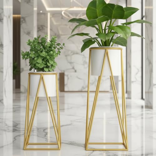 Image of HOME DECO Metal Planter Stand Set of 2 | Gold Flower Pot with Stand | Modern Indoor Outdoor Plant Stand | Tall & Short Iron Planter Holder for Home Decor | Decorative Plant Pot Stand (White)